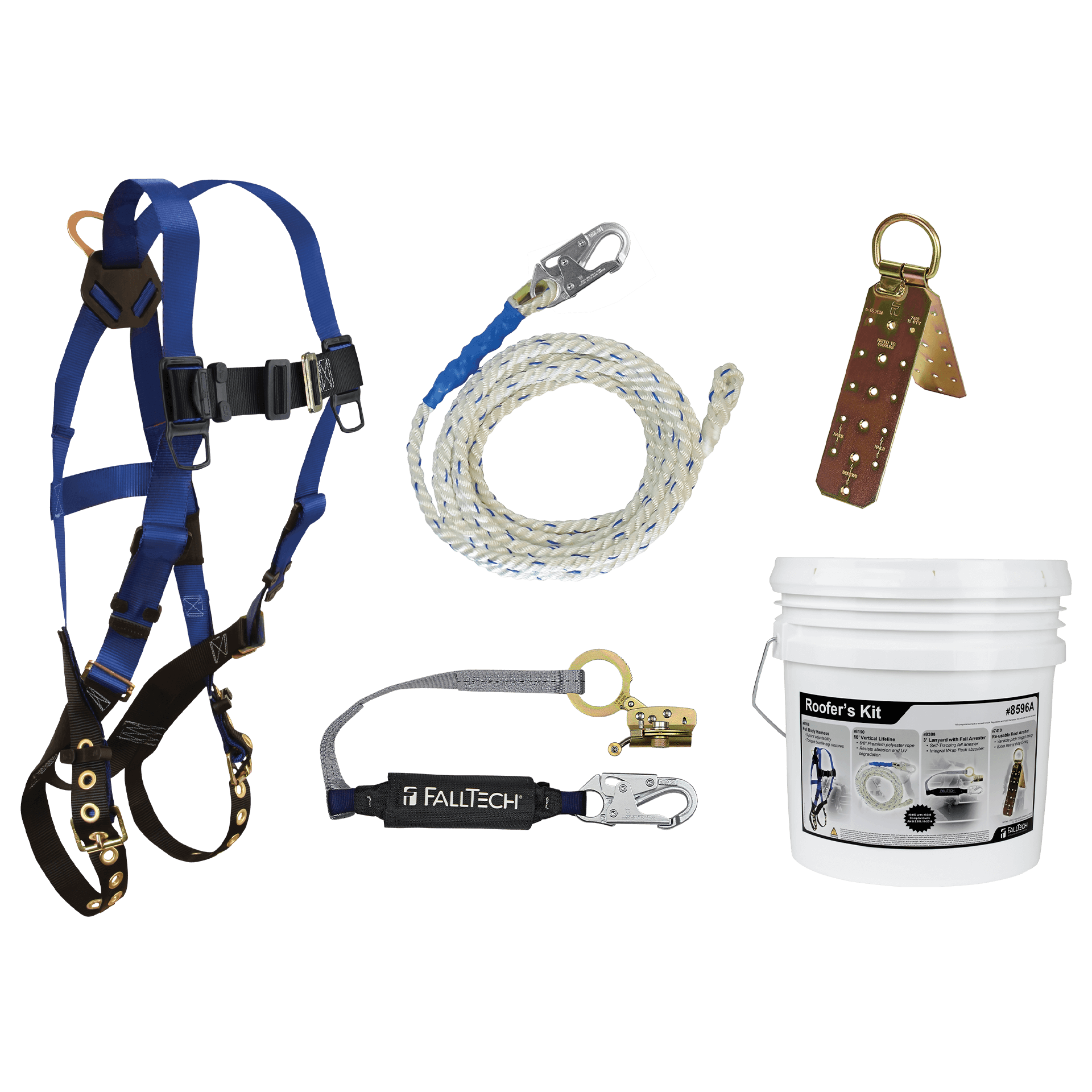Roofer's Kit with Hinged Reusable Anchor and Trailing Anti-panic Rope Adjuster