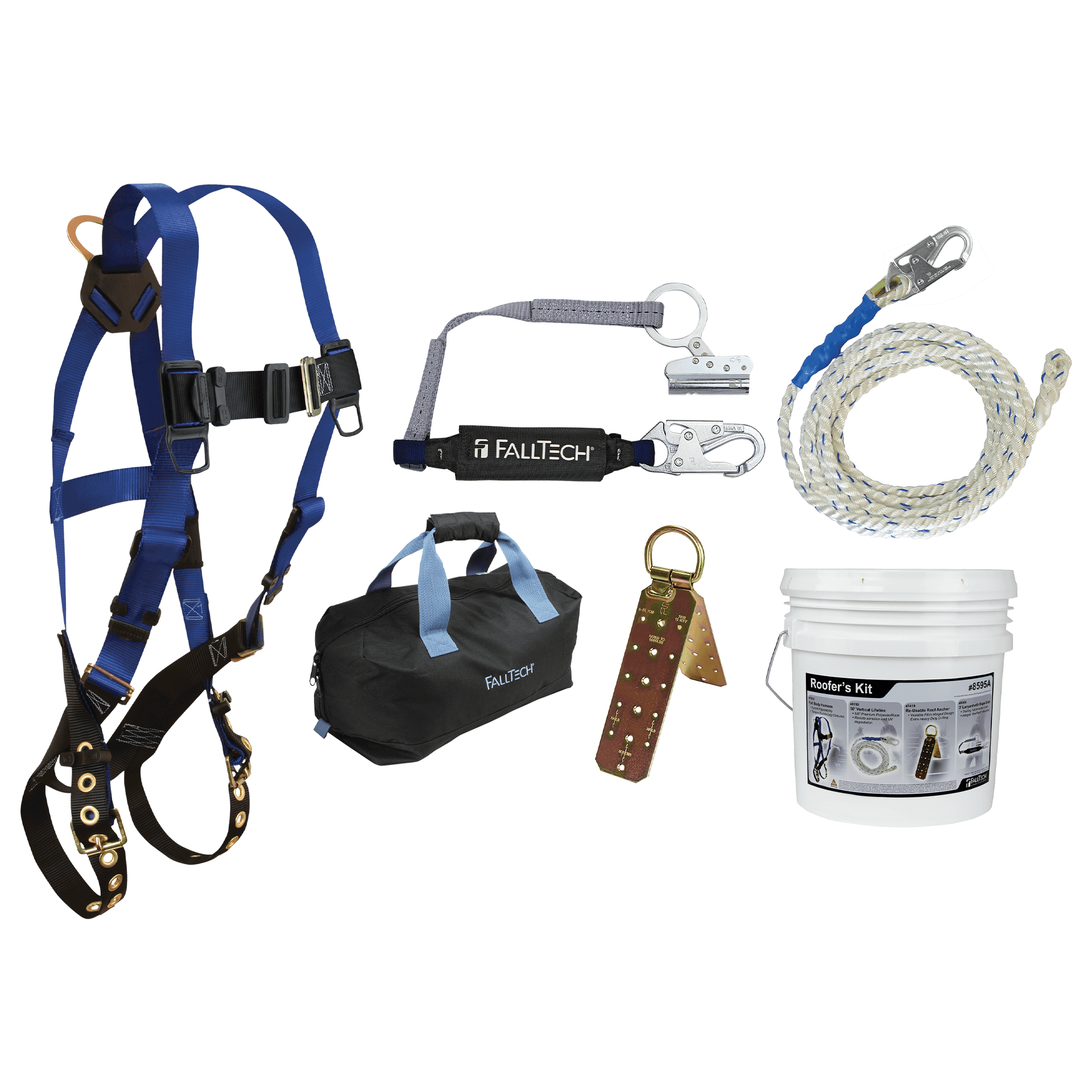 Roofer's Kit with Hinged Reusable Anchor, Trailing Rope Adjuster and Large Bag