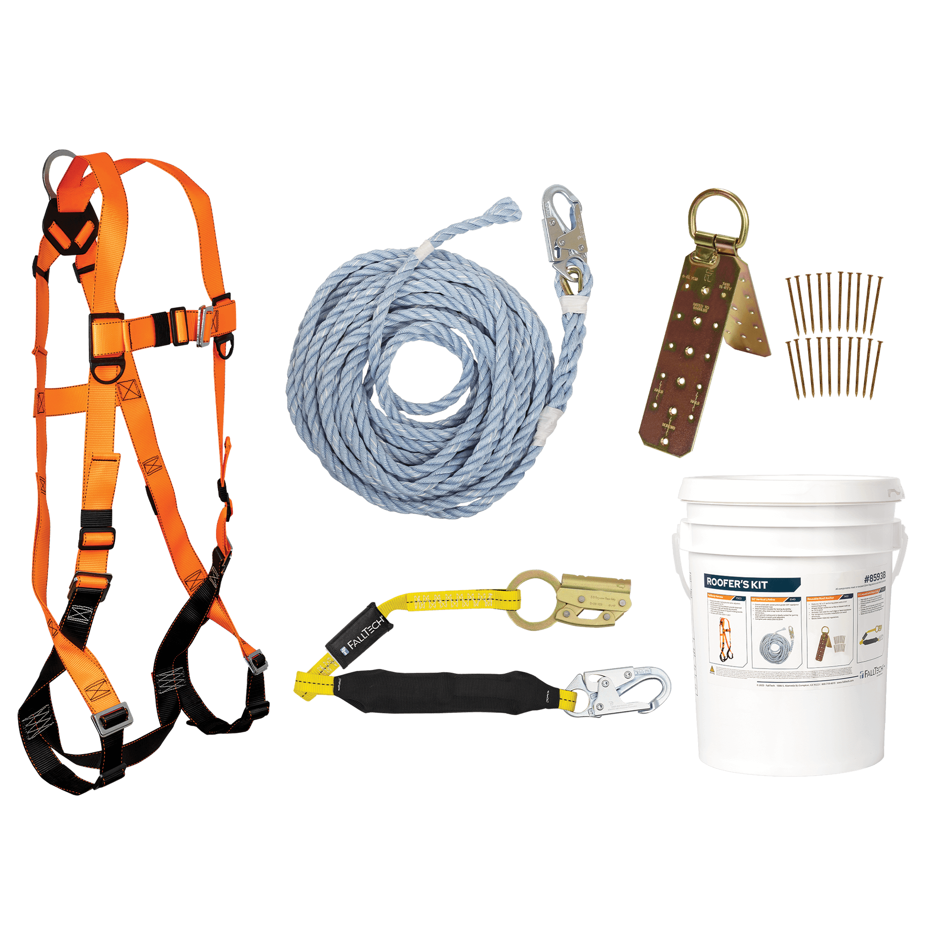 Roofer's Kit with Hinged Reusable Anchor and Manual Rope Adjuster