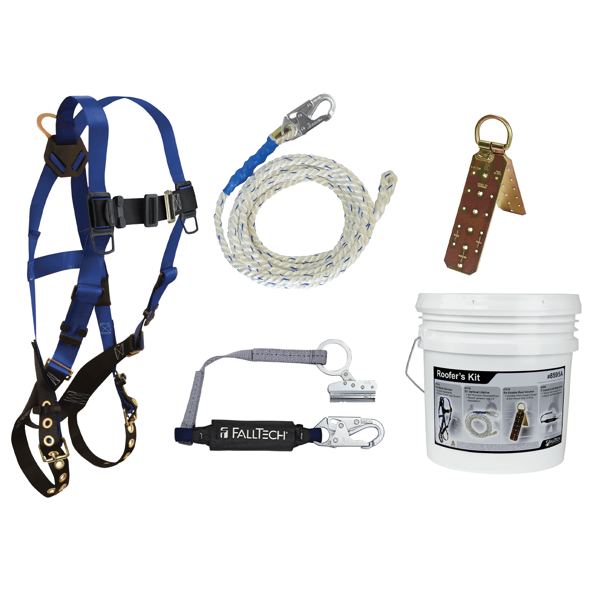 Roofer's Kit with Hinged Reusable Anchor and Trailing Rope Adjuster